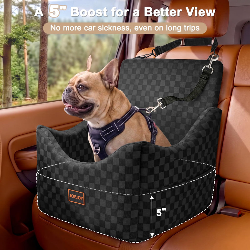 JOEJOY Elevated Dog Car Seat for Small/Medium Dogs up to 35 lbs, Memory Foam Booster Seat with Detachable Washable Cover, Travel-Safe Car Bed with Safety Belts & Storage Pockets, Grey