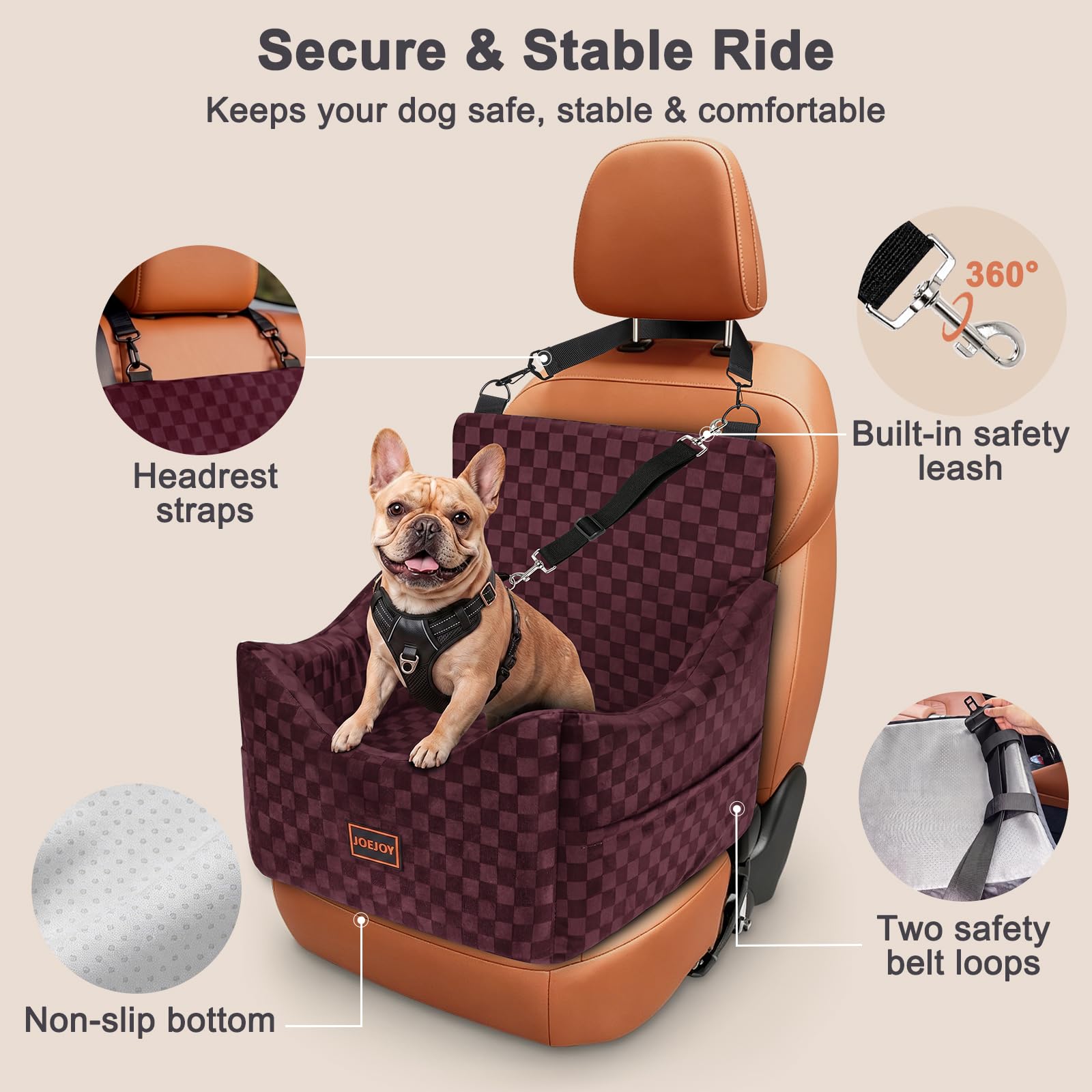 JOEJOY Elevated Dog Car Seat for Small/Medium Dogs up to 35 lbs, Memory Foam Booster Seat with Detachable Washable Cover, Travel-Safe Car Bed with Safety Belts & Storage Pockets, Grey