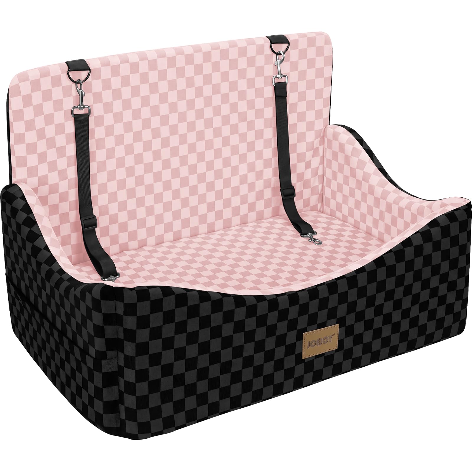 JOEJOY Elevated Dog Car Seat for Small/Medium Dogs up to 35 lbs, Memory Foam Booster Seat with Detachable Washable Cover, Travel-Safe Car Bed with Safety Belts & Storage Pockets, Grey