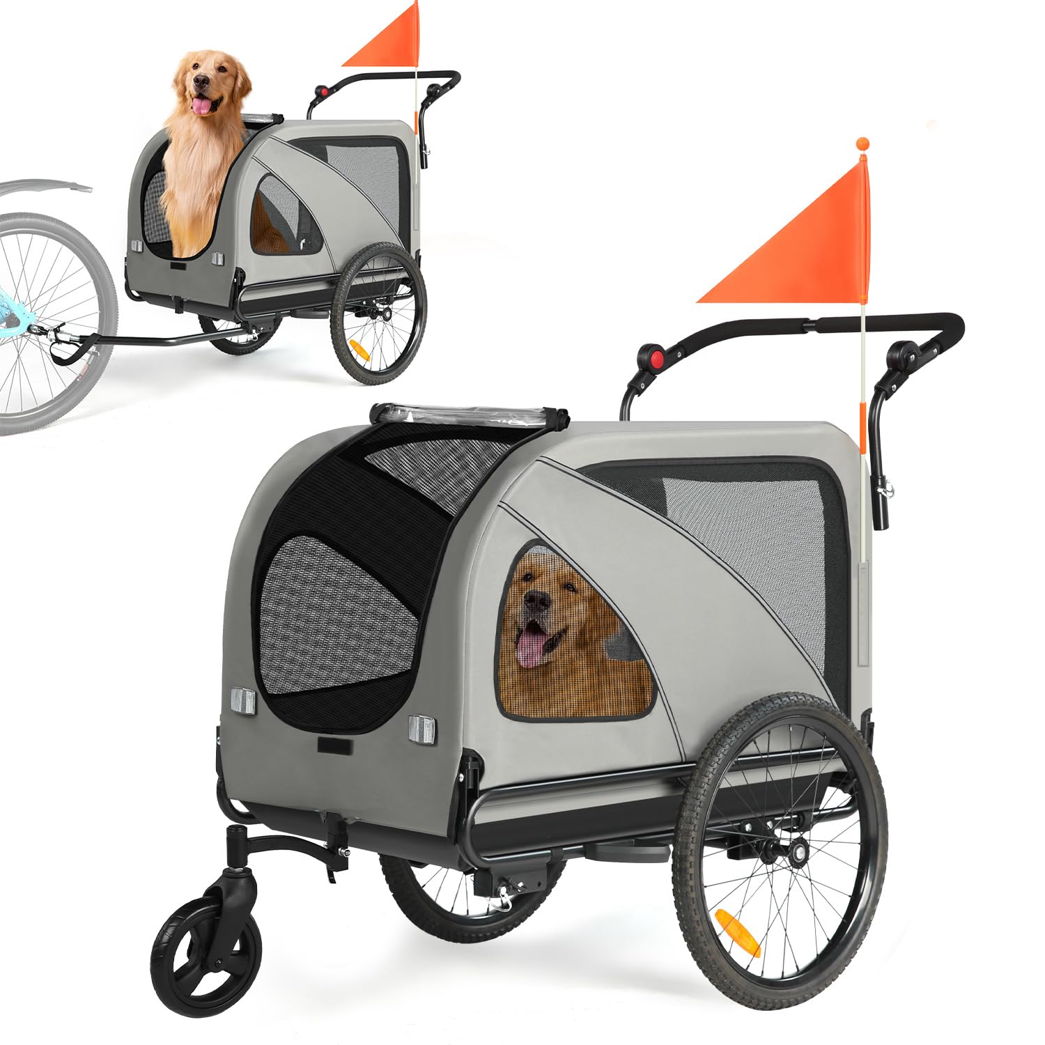 Sepnine Dog Bike Trailer, Supports up to 110 lbs, 2-in-1 Pet Stroller Cart Bicycle Carrier, Easy Folding Cart Frame with Quick Release Wheels, Universal Bicycle Coupler, Non-Slip Floor, Internal Leash
