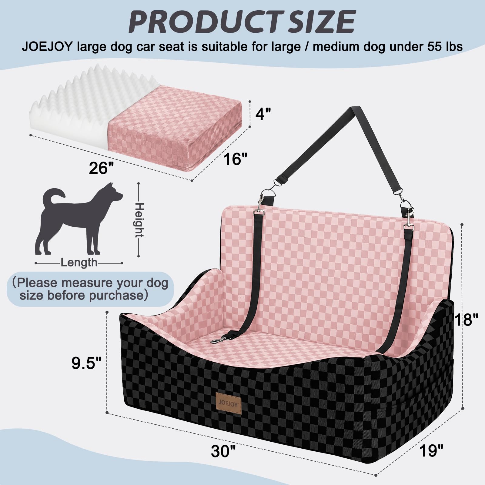 JOEJOY Elevated Dog Car Seat for Small/Medium Dogs up to 35 lbs, Memory Foam Booster Seat with Detachable Washable Cover, Travel-Safe Car Bed with Safety Belts & Storage Pockets, Grey