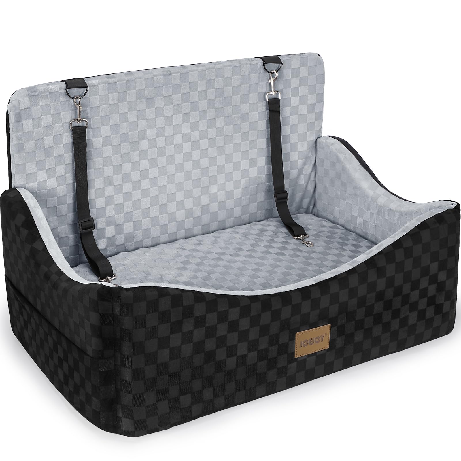 JOEJOY Elevated Dog Car Seat for Small/Medium Dogs up to 35 lbs, Memory Foam Booster Seat with Detachable Washable Cover, Travel-Safe Car Bed with Safety Belts & Storage Pockets, Grey