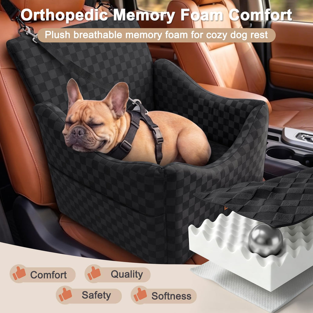 JOEJOY Elevated Dog Car Seat for Small/Medium Dogs up to 35 lbs, Memory Foam Booster Seat with Detachable Washable Cover, Travel-Safe Car Bed with Safety Belts & Storage Pockets, Grey