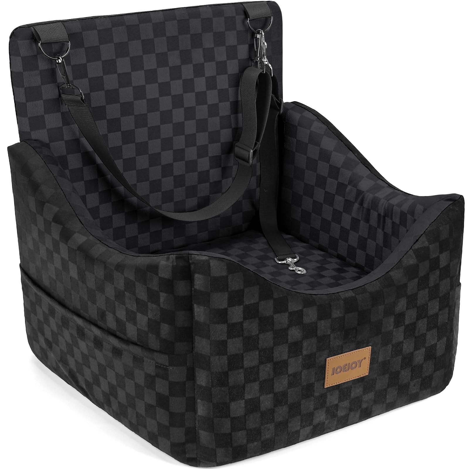 JOEJOY Elevated Dog Car Seat for Small/Medium Dogs up to 35 lbs, Memory Foam Booster Seat with Detachable Washable Cover, Travel-Safe Car Bed with Safety Belts & Storage Pockets, Grey