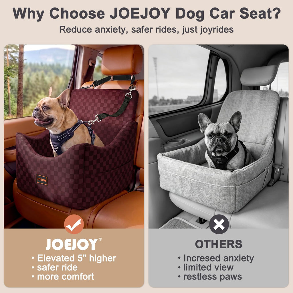 JOEJOY Elevated Dog Car Seat for Small/Medium Dogs up to 35 lbs, Memory Foam Booster Seat with Detachable Washable Cover, Travel-Safe Car Bed with Safety Belts & Storage Pockets, Grey