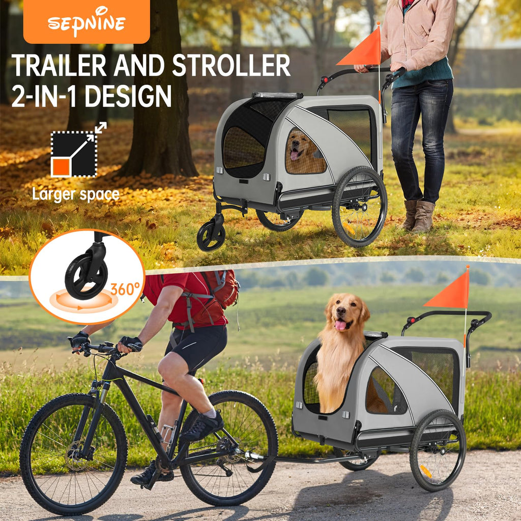 Sepnine Dog Bike Trailer, Supports up to 110 lbs, 2-in-1 Pet Stroller Cart Bicycle Carrier, Easy Folding Cart Frame with Quick Release Wheels, Universal Bicycle Coupler, Non-Slip Floor, Internal Leash