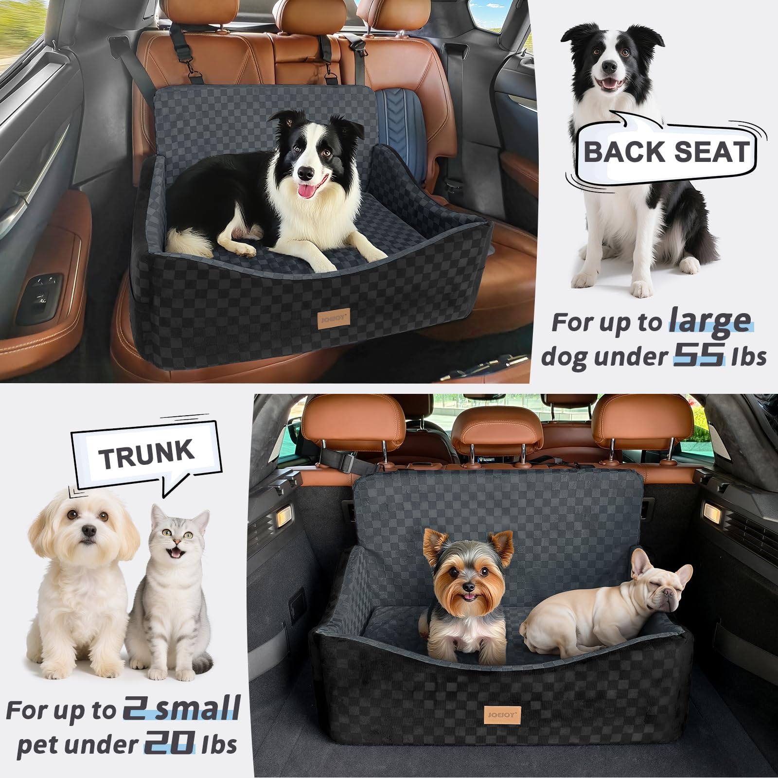 JOEJOY Elevated Dog Car Seat for Small/Medium Dogs up to 35 lbs, Memory Foam Booster Seat with Detachable Washable Cover, Travel-Safe Car Bed with Safety Belts & Storage Pockets, Grey