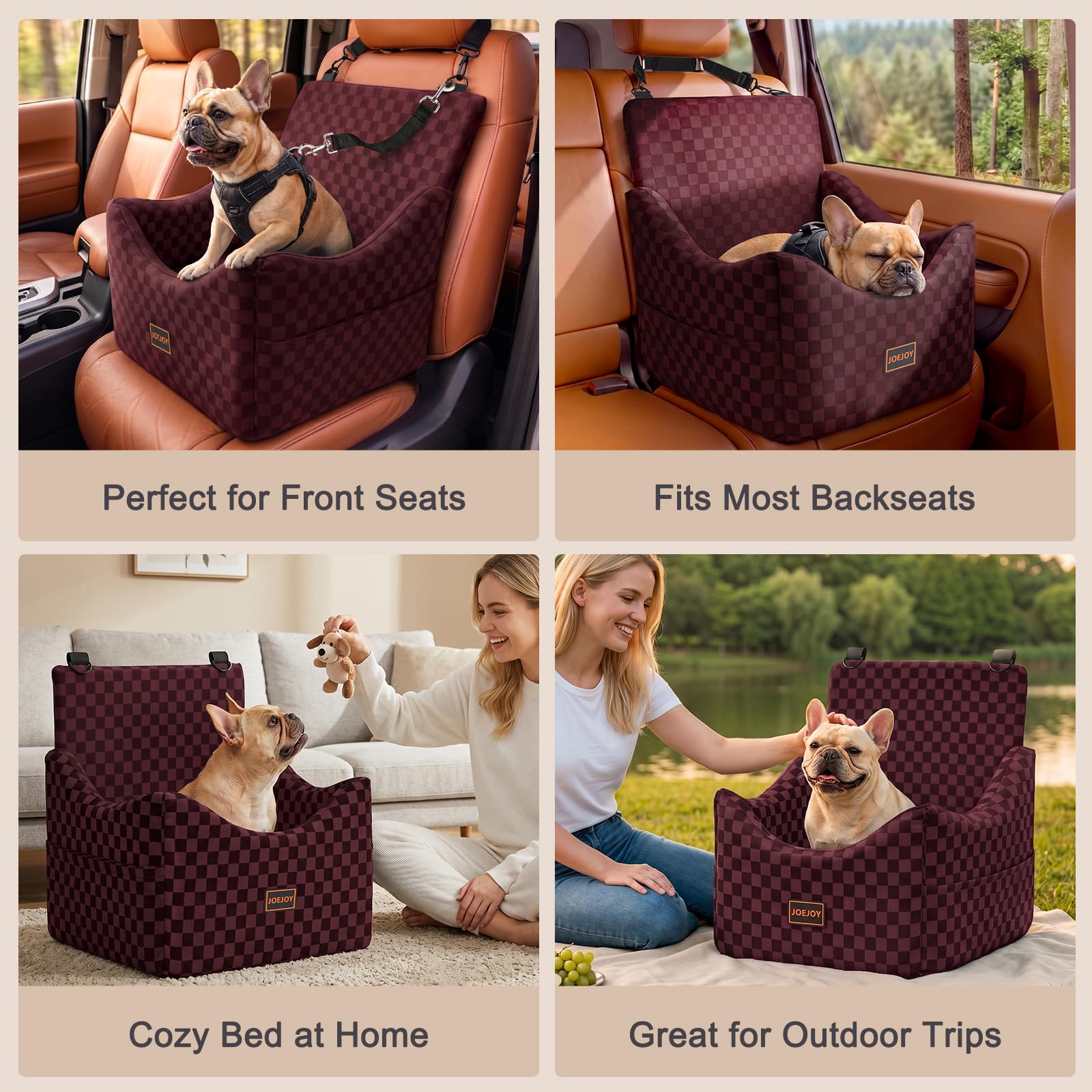 JOEJOY Elevated Dog Car Seat for Small/Medium Dogs up to 35 lbs, Memory Foam Booster Seat with Detachable Washable Cover, Travel-Safe Car Bed with Safety Belts & Storage Pockets, Grey