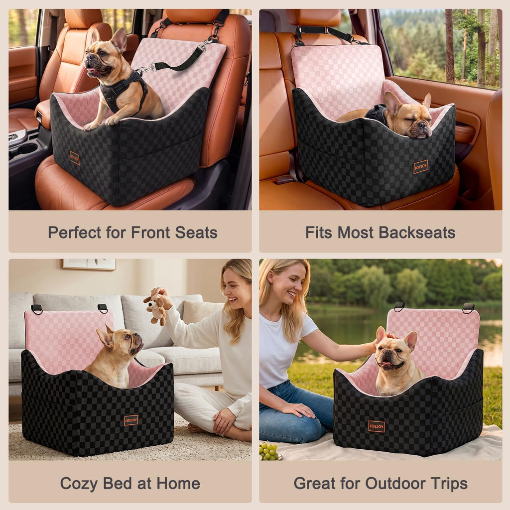 JOEJOY Elevated Dog Car Seat for Small/Medium Dogs up to 35 lbs, Memory Foam Booster Seat with Detachable Washable Cover, Travel-Safe Car Bed with Safety Belts & Storage Pockets, Grey