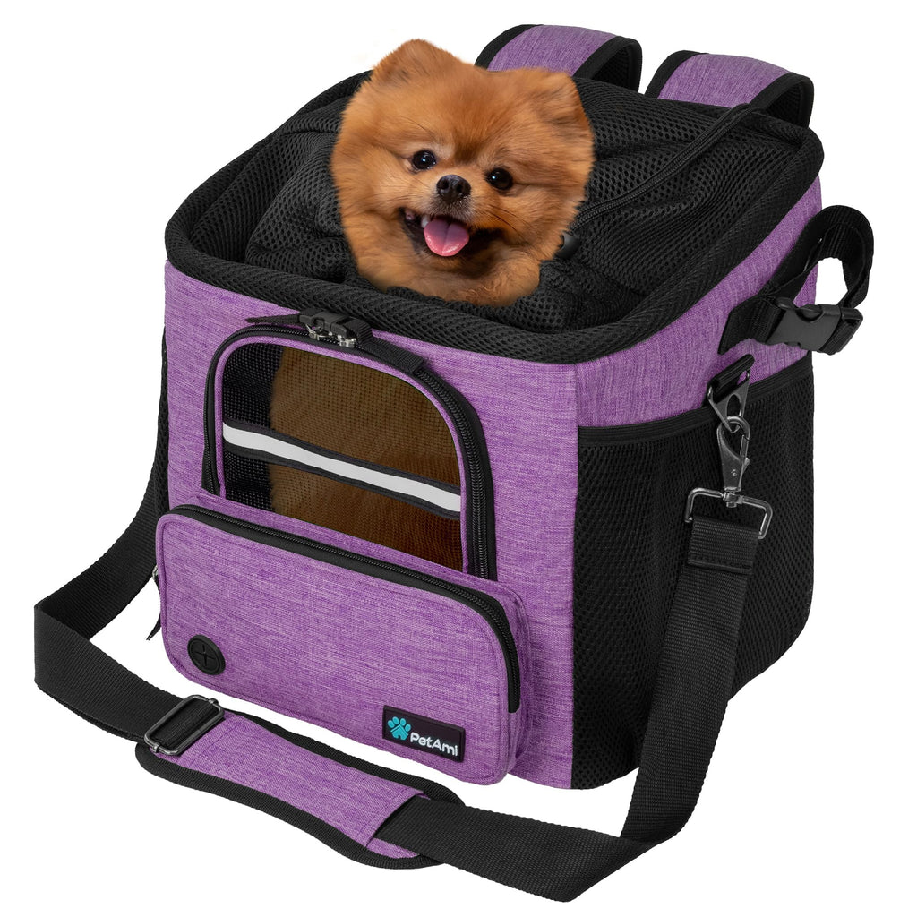 PetAmi Dog Bike Basket, Soft-Sided Ventilated Dog Bike Carrier Backpack, Pet Bicycle Basket for Bike Handlebar, Small Medium Puppy Cat Kitten Car Booster Seat with Safety Strap, Max 18 lbs, Purple