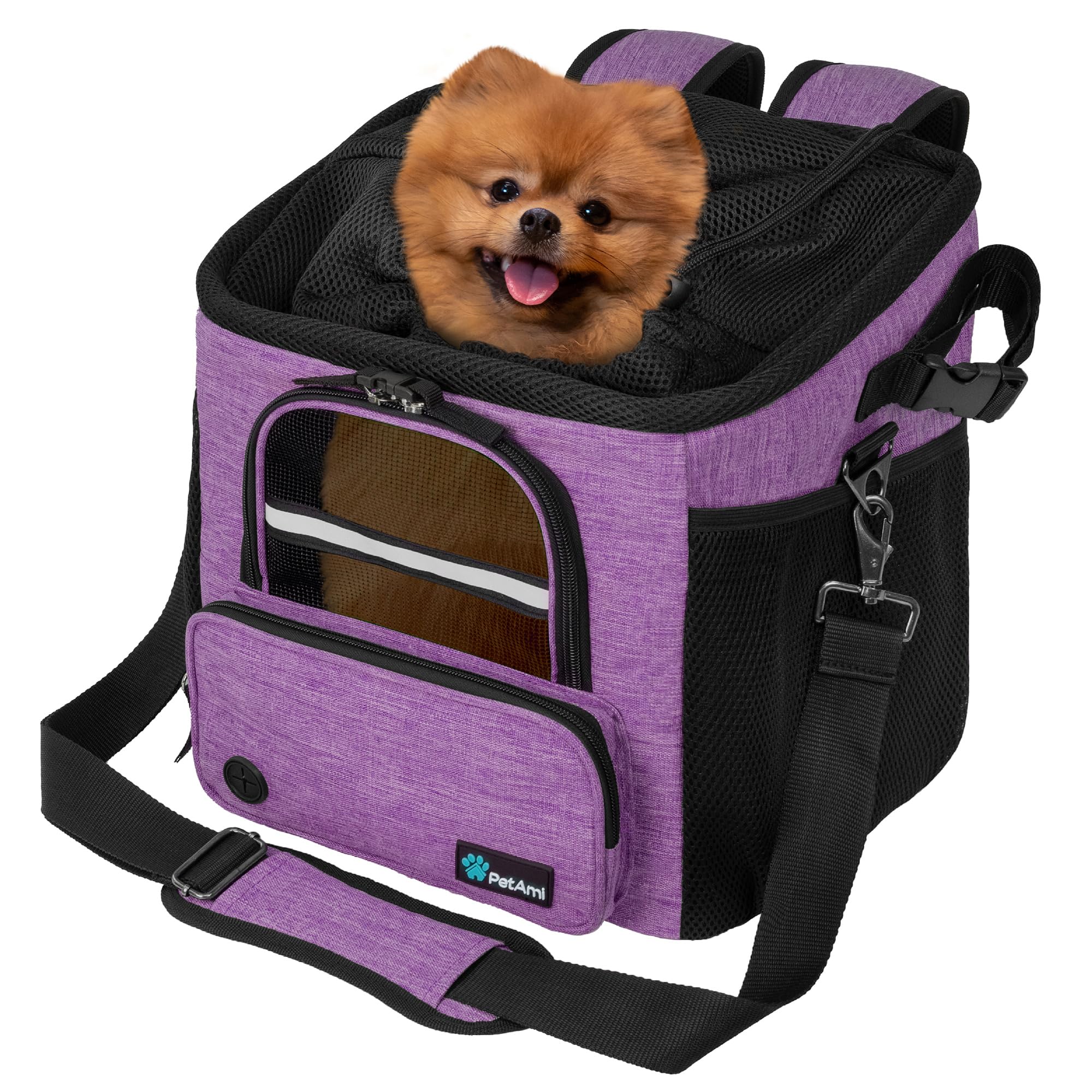 PetAmi Dog Bike Basket, Soft-Sided Ventilated Dog Bike Carrier Backpack, Pet Bicycle Basket for Bike Handlebar, Small Medium Puppy Cat Kitten Car Booster Seat with Safety Strap, Max 18 lbs, Purple