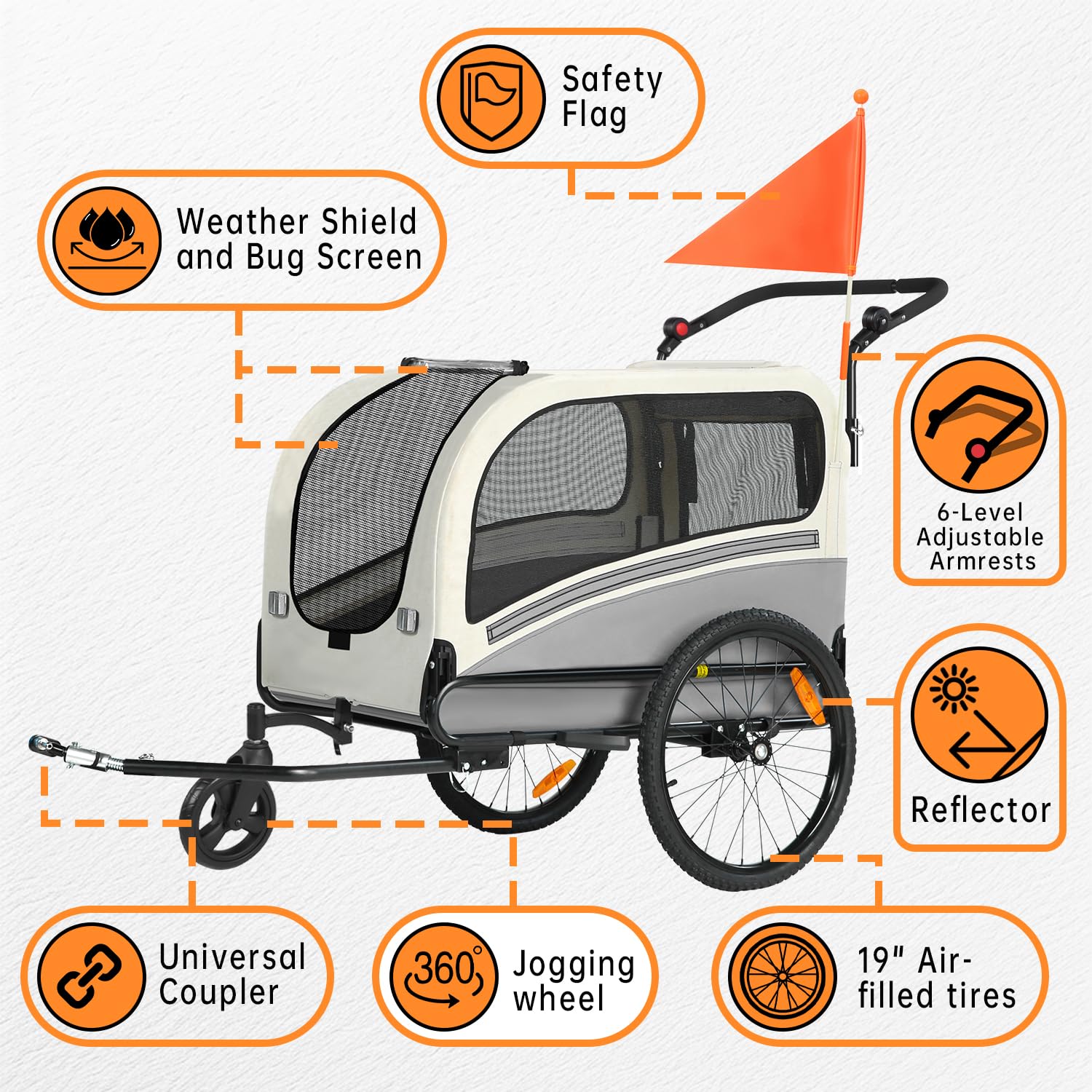 Sepnine Dog Bike Trailer, Supports up to 110 lbs, 2-in-1 Pet Stroller Cart Bicycle Carrier, Easy Folding Cart Frame with Quick Release Wheels, Universal Bicycle Coupler, Non-Slip Floor, Internal Leash
