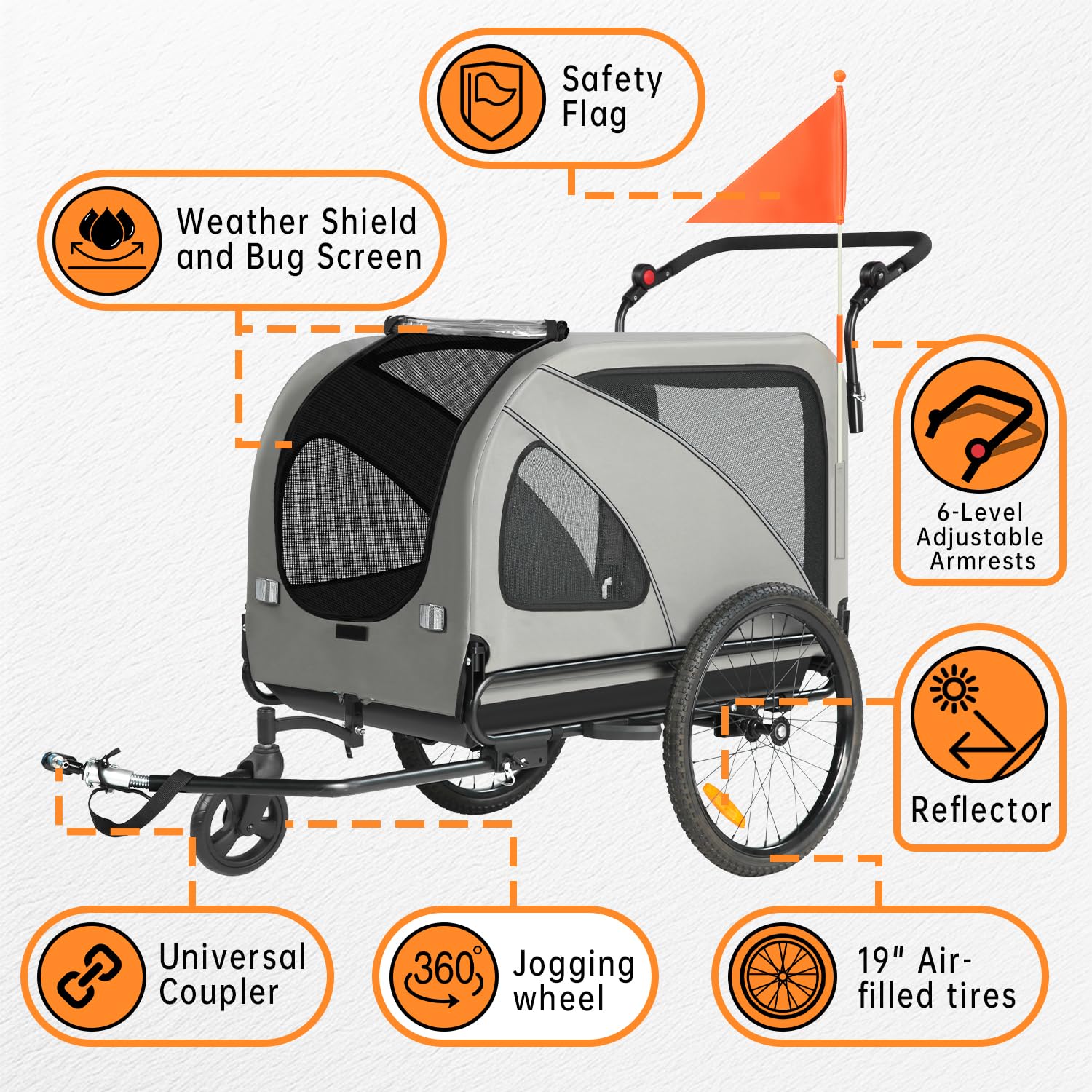 Sepnine Dog Bike Trailer, Supports up to 110 lbs, 2-in-1 Pet Stroller Cart Bicycle Carrier, Easy Folding Cart Frame with Quick Release Wheels, Universal Bicycle Coupler, Non-Slip Floor, Internal Leash