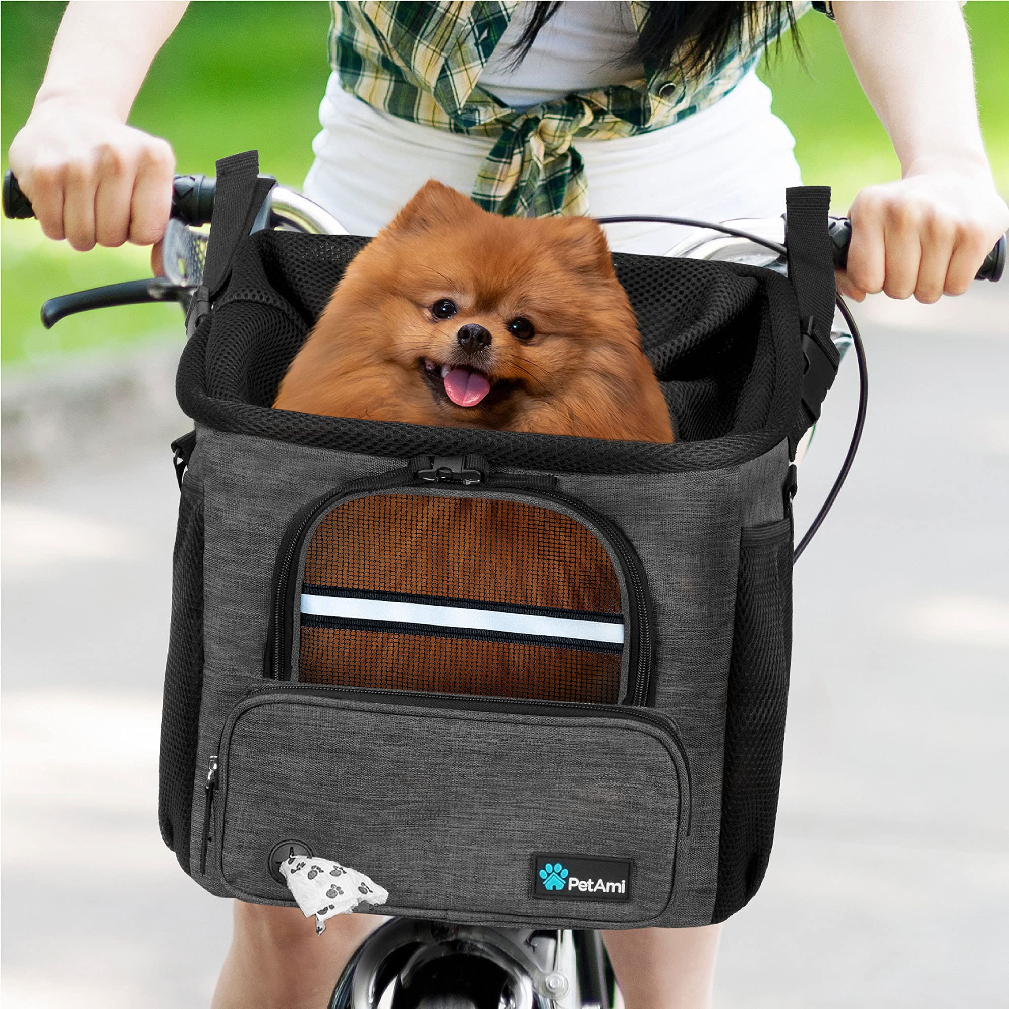 PetAmi Dog Bike Basket, Soft-Sided Ventilated Dog Bike Carrier Backpack, Pet Bicycle Basket for Bike Handlebar, Small Medium Puppy Cat Kitten Car Booster Seat with Safety Strap, Max 18 lbs, Purple