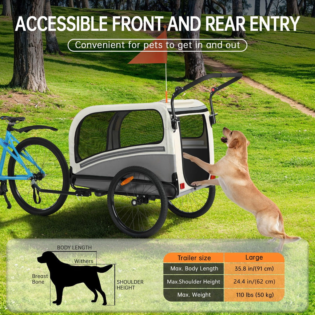 Sepnine Dog Bike Trailer, Supports up to 110 lbs, 2-in-1 Pet Stroller Cart Bicycle Carrier, Easy Folding Cart Frame with Quick Release Wheels, Universal Bicycle Coupler, Non-Slip Floor, Internal Leash