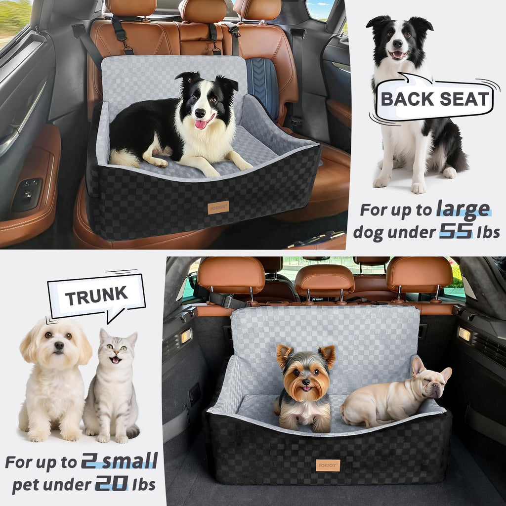 JOEJOY Elevated Dog Car Seat for Small/Medium Dogs up to 35 lbs, Memory Foam Booster Seat with Detachable Washable Cover, Travel-Safe Car Bed with Safety Belts & Storage Pockets, Grey