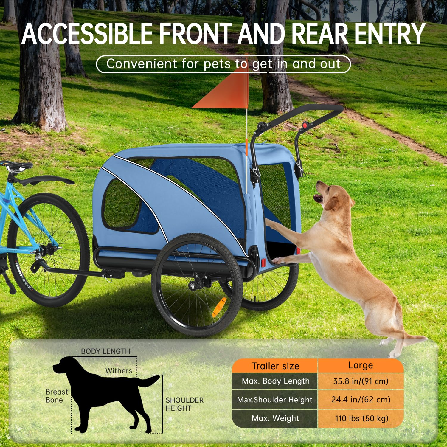 Sepnine Dog Bike Trailer, Supports up to 110 lbs, 2-in-1 Pet Stroller Cart Bicycle Carrier, Easy Folding Cart Frame with Quick Release Wheels, Universal Bicycle Coupler, Non-Slip Floor, Internal Leash