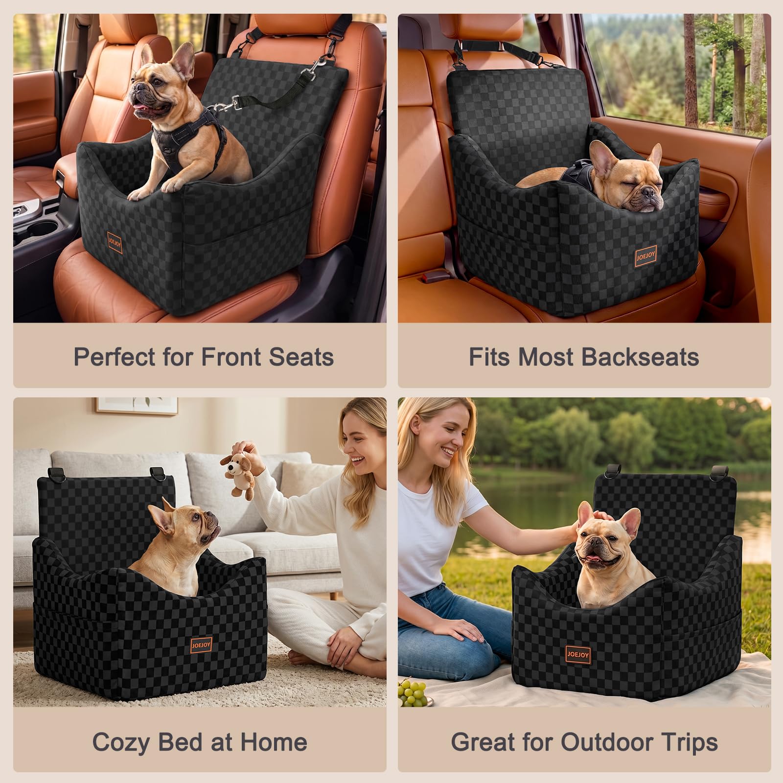 JOEJOY Elevated Dog Car Seat for Small/Medium Dogs up to 35 lbs, Memory Foam Booster Seat with Detachable Washable Cover, Travel-Safe Car Bed with Safety Belts & Storage Pockets, Grey