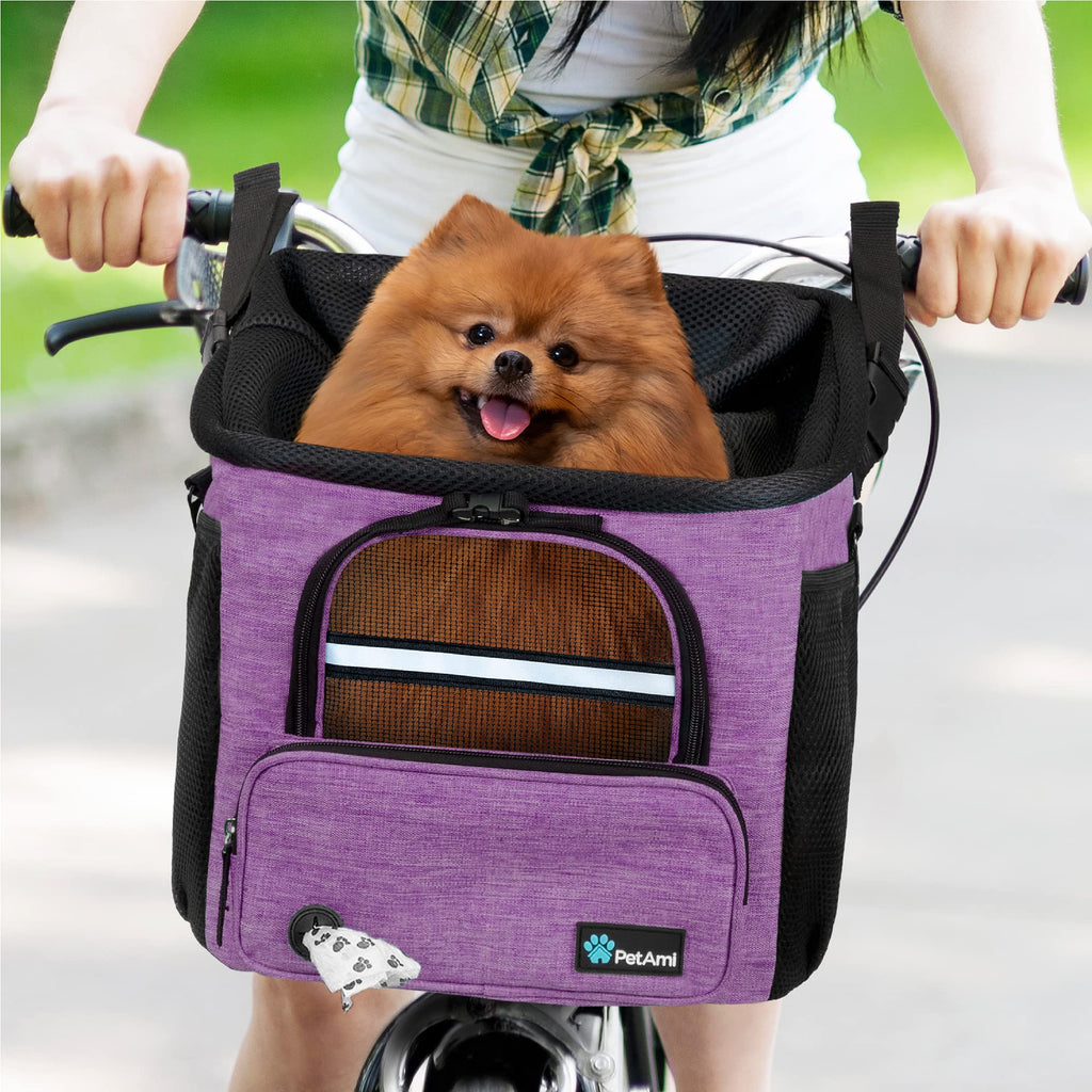 PetAmi Dog Bike Basket, Soft-Sided Ventilated Dog Bike Carrier Backpack, Pet Bicycle Basket for Bike Handlebar, Small Medium Puppy Cat Kitten Car Booster Seat with Safety Strap, Max 18 lbs, Purple