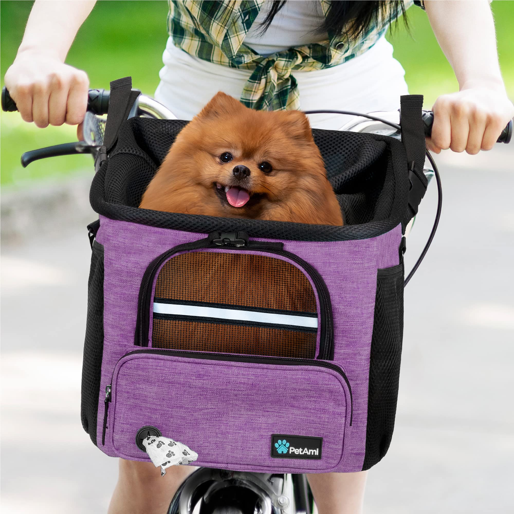 PetAmi Dog Bike Basket, Soft-Sided Ventilated Dog Bike Carrier Backpack, Pet Bicycle Basket for Bike Handlebar, Small Medium Puppy Cat Kitten Car Booster Seat with Safety Strap, Max 18 lbs, Purple