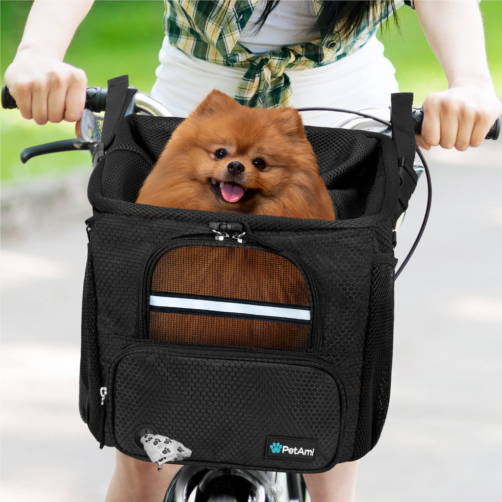 PetAmi Dog Bike Basket, Soft-Sided Ventilated Dog Bike Carrier Backpack, Pet Bicycle Basket for Bike Handlebar, Small Medium Puppy Cat Kitten Car Booster Seat with Safety Strap, Max 18 lbs, Purple