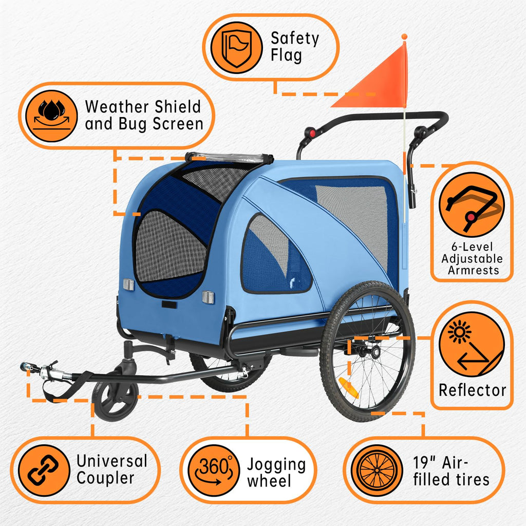 Sepnine Dog Bike Trailer, Supports up to 110 lbs, 2-in-1 Pet Stroller Cart Bicycle Carrier, Easy Folding Cart Frame with Quick Release Wheels, Universal Bicycle Coupler, Non-Slip Floor, Internal Leash