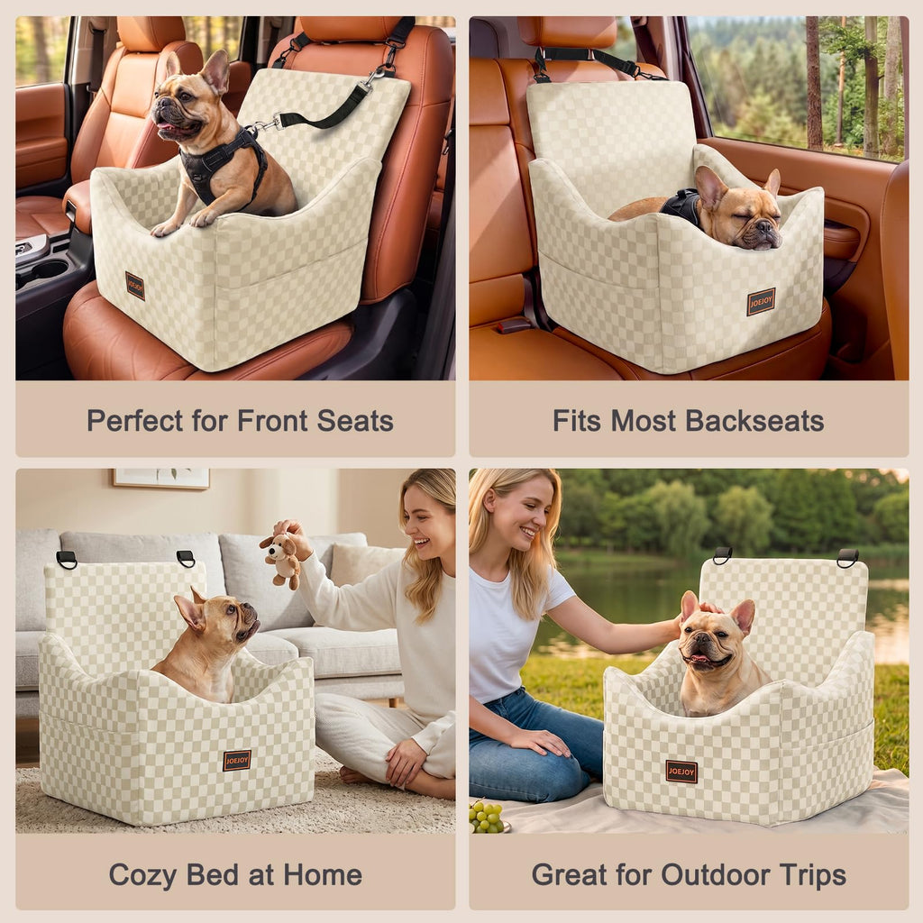 JOEJOY Elevated Dog Car Seat for Small/Medium Dogs up to 35 lbs, Memory Foam Booster Seat with Detachable Washable Cover, Travel-Safe Car Bed with Safety Belts & Storage Pockets, Grey