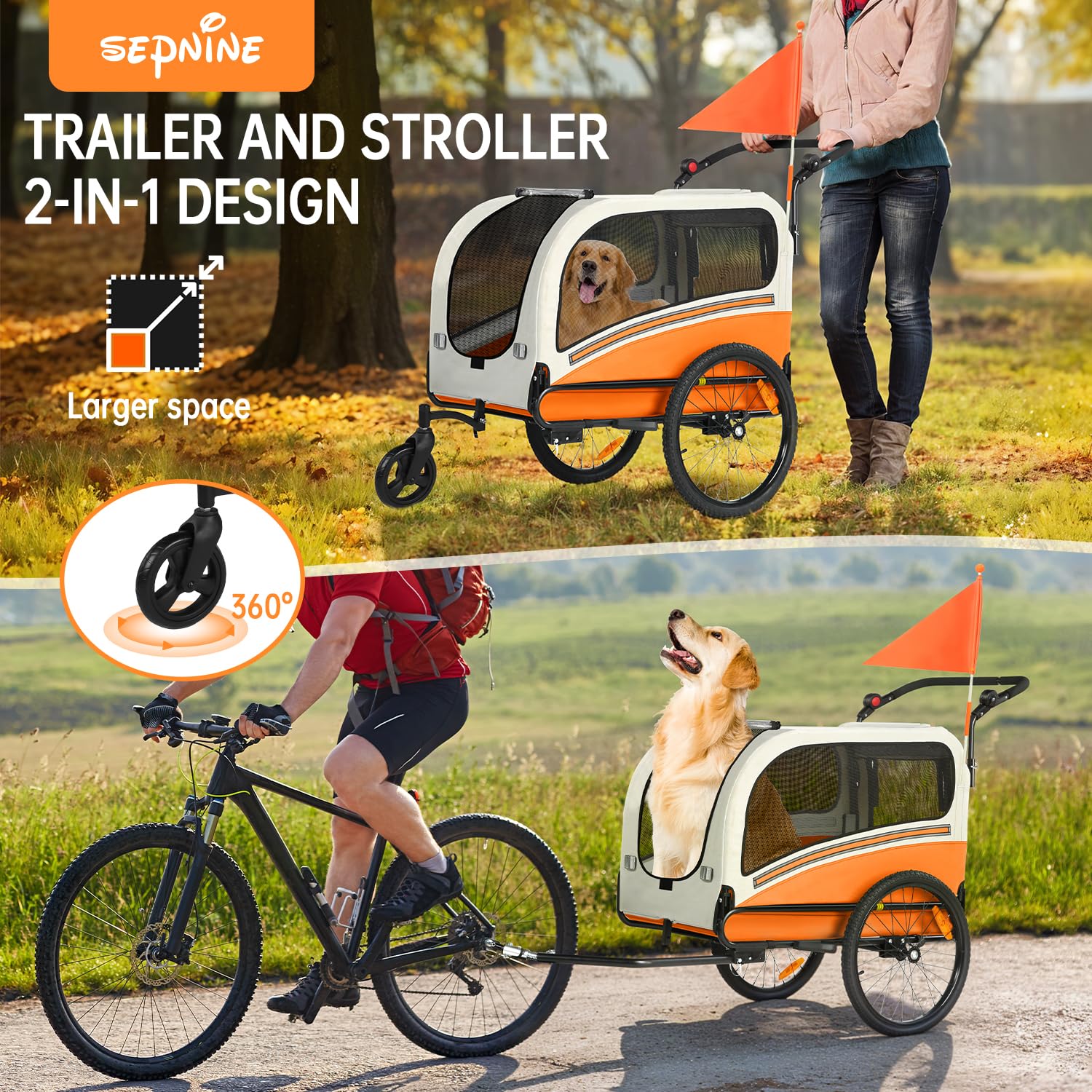 Sepnine Dog Bike Trailer, Supports up to 110 lbs, 2-in-1 Pet Stroller Cart Bicycle Carrier, Easy Folding Cart Frame with Quick Release Wheels, Universal Bicycle Coupler, Non-Slip Floor, Internal Leash