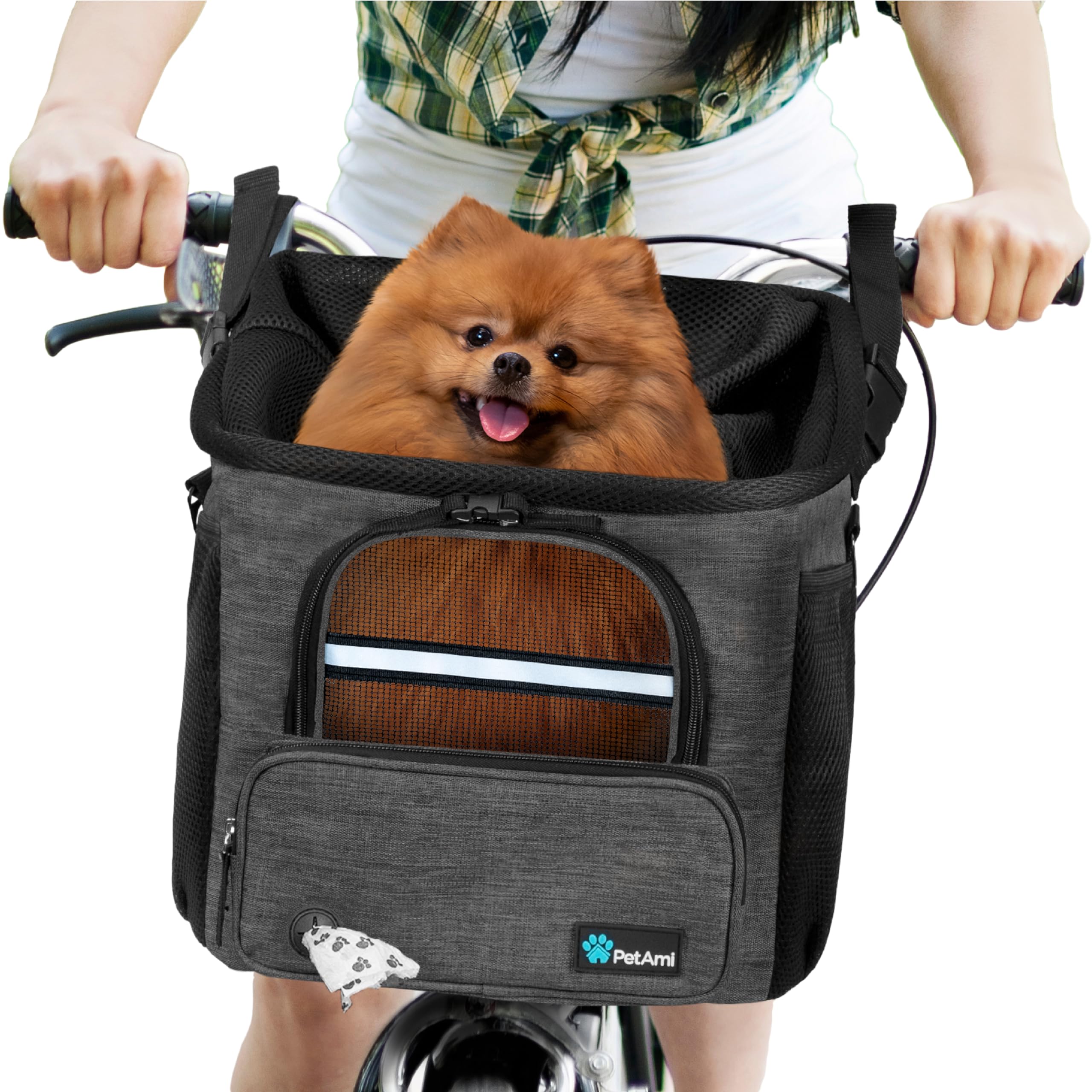 PetAmi Dog Bike Basket, Soft-Sided Ventilated Dog Bike Carrier Backpack, Pet Bicycle Basket for Bike Handlebar, Small Medium Puppy Cat Kitten Car Booster Seat with Safety Strap, Max 18 lbs, Purple