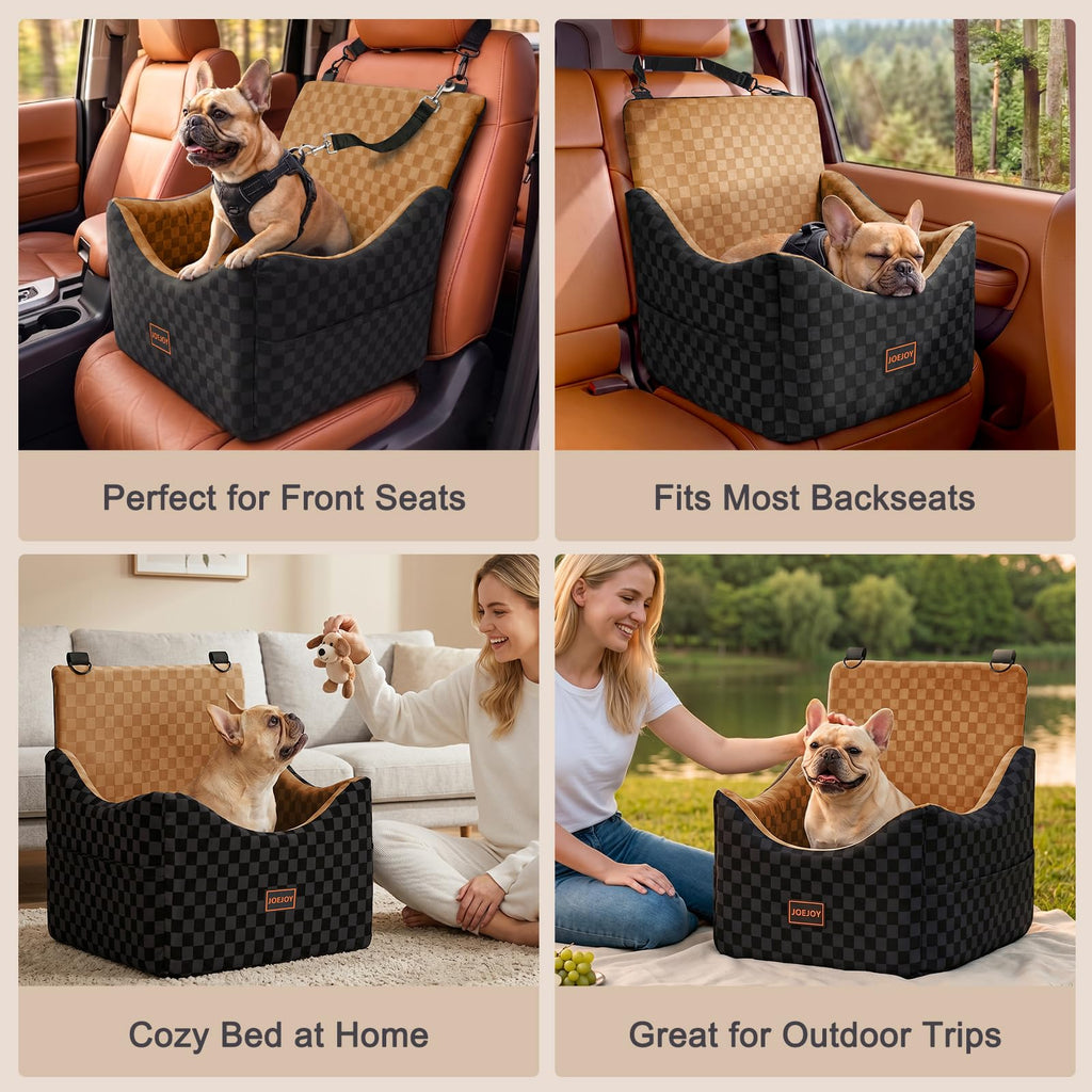 JOEJOY Elevated Dog Car Seat for Small/Medium Dogs up to 35 lbs, Memory Foam Booster Seat with Detachable Washable Cover, Travel-Safe Car Bed with Safety Belts & Storage Pockets, Grey