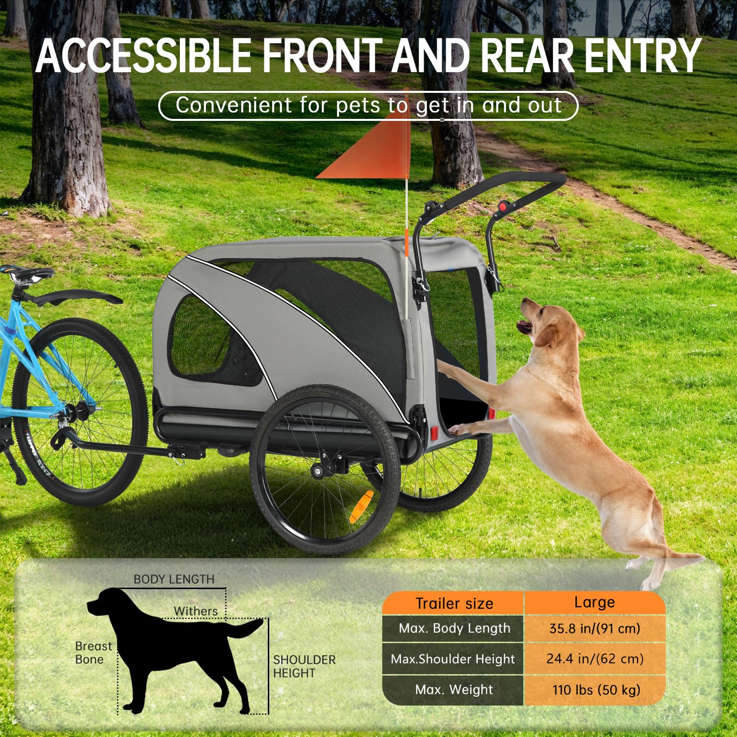 Sepnine Dog Bike Trailer, Supports up to 110 lbs, 2-in-1 Pet Stroller Cart Bicycle Carrier, Easy Folding Cart Frame with Quick Release Wheels, Universal Bicycle Coupler, Non-Slip Floor, Internal Leash