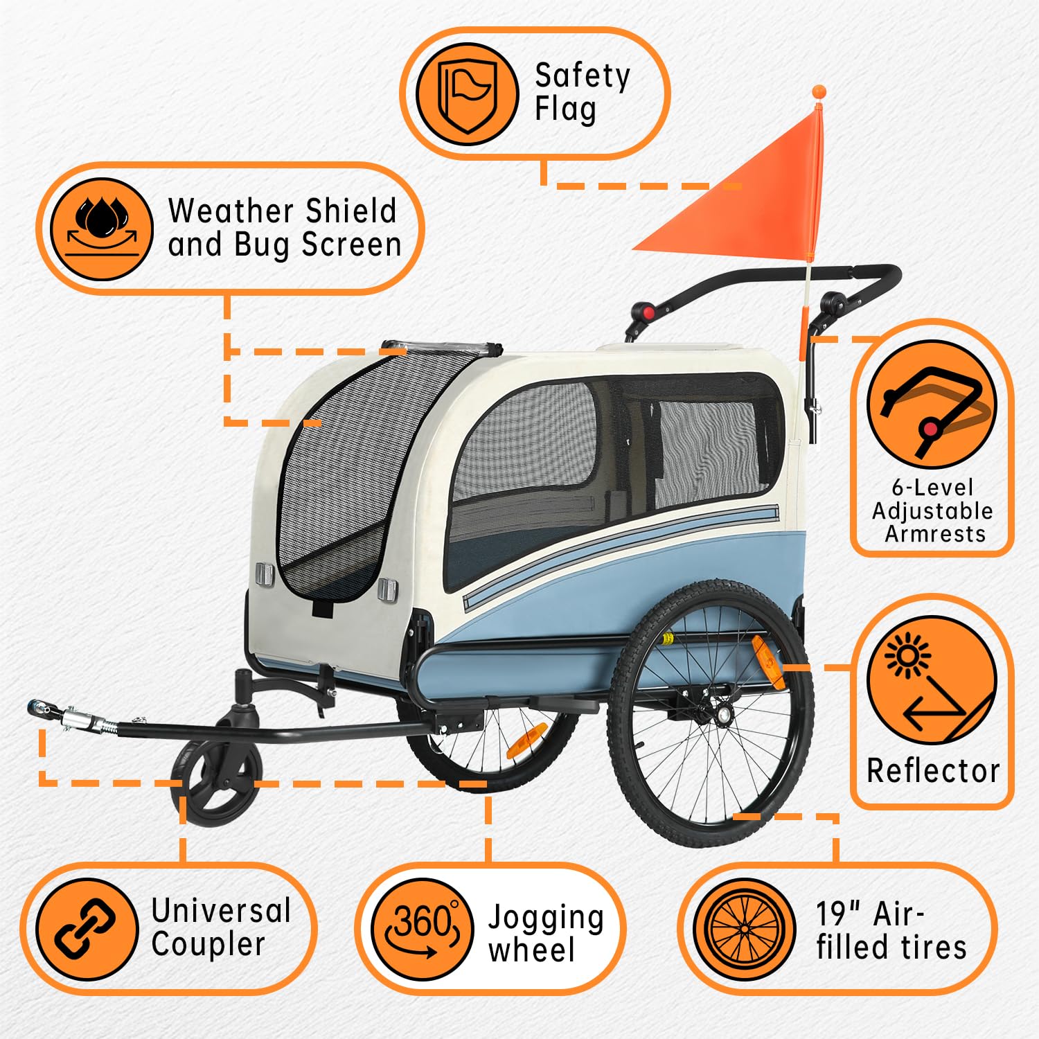 Sepnine Dog Bike Trailer, Supports up to 110 lbs, 2-in-1 Pet Stroller Cart Bicycle Carrier, Easy Folding Cart Frame with Quick Release Wheels, Universal Bicycle Coupler, Non-Slip Floor, Internal Leash