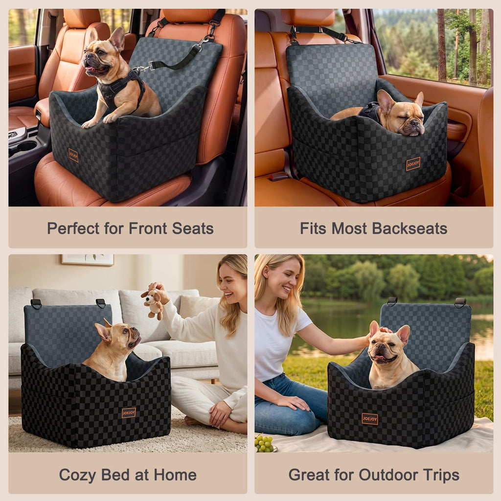 JOEJOY Elevated Dog Car Seat for Small/Medium Dogs up to 35 lbs, Memory Foam Booster Seat with Detachable Washable Cover, Travel-Safe Car Bed with Safety Belts & Storage Pockets, Grey