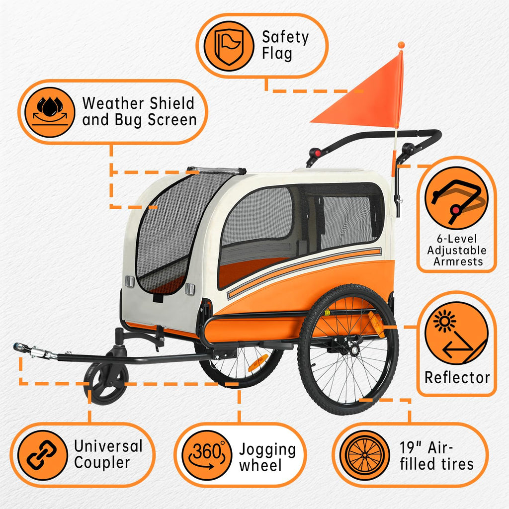 Sepnine Dog Bike Trailer, Supports up to 110 lbs, 2-in-1 Pet Stroller Cart Bicycle Carrier, Easy Folding Cart Frame with Quick Release Wheels, Universal Bicycle Coupler, Non-Slip Floor, Internal Leash