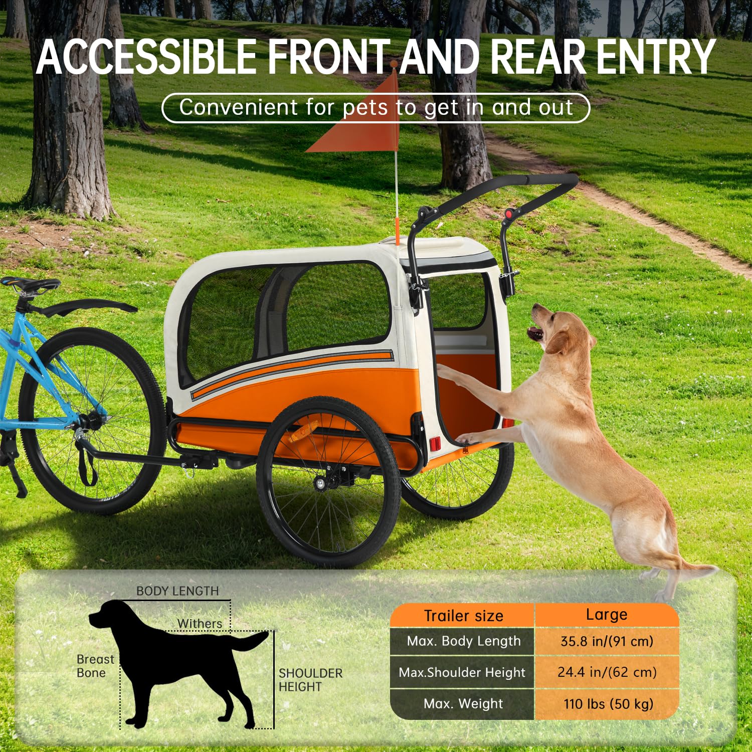 Sepnine Dog Bike Trailer, Supports up to 110 lbs, 2-in-1 Pet Stroller Cart Bicycle Carrier, Easy Folding Cart Frame with Quick Release Wheels, Universal Bicycle Coupler, Non-Slip Floor, Internal Leash