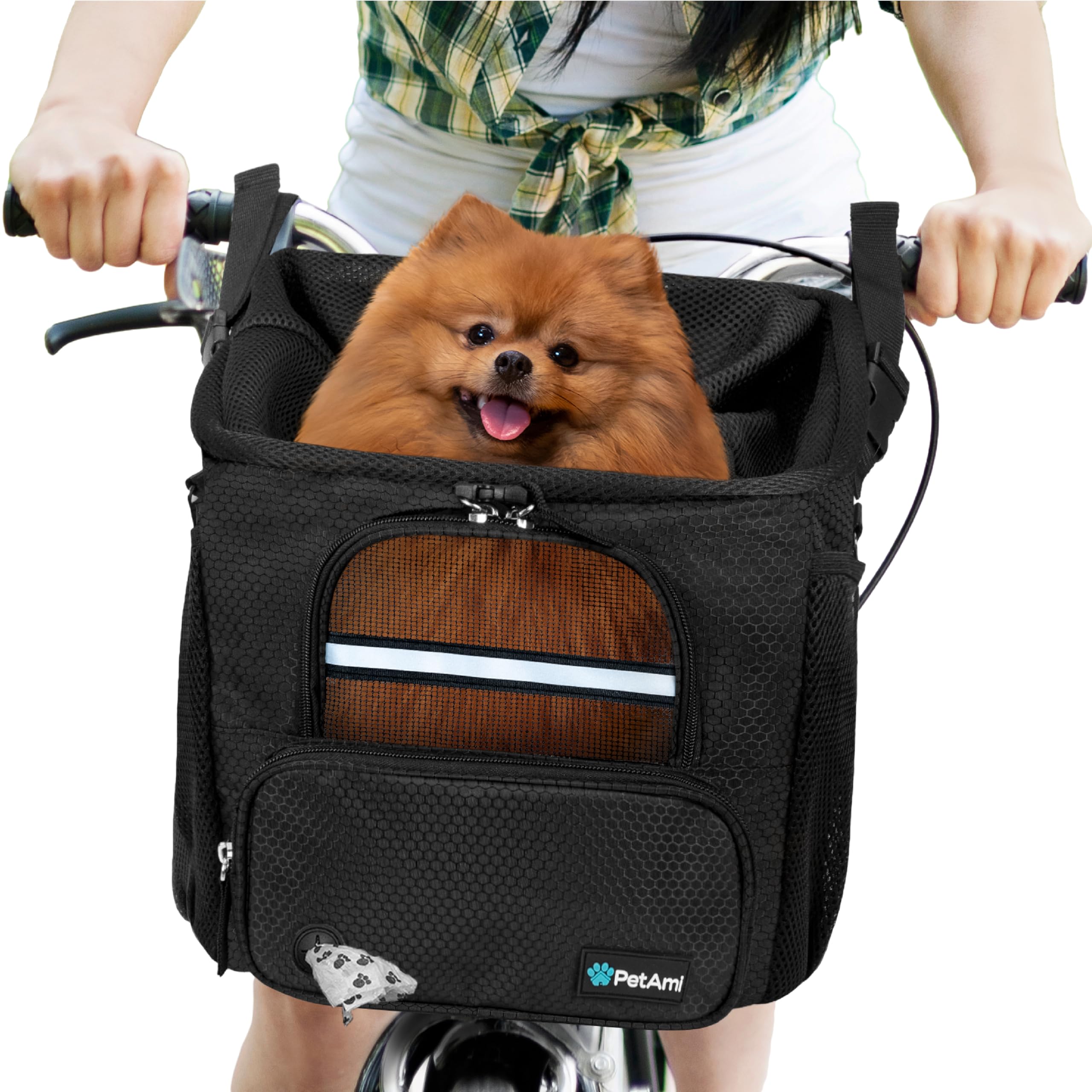 PetAmi Dog Bike Basket, Soft-Sided Ventilated Dog Bike Carrier Backpack, Pet Bicycle Basket for Bike Handlebar, Small Medium Puppy Cat Kitten Car Booster Seat with Safety Strap, Max 18 lbs, Purple