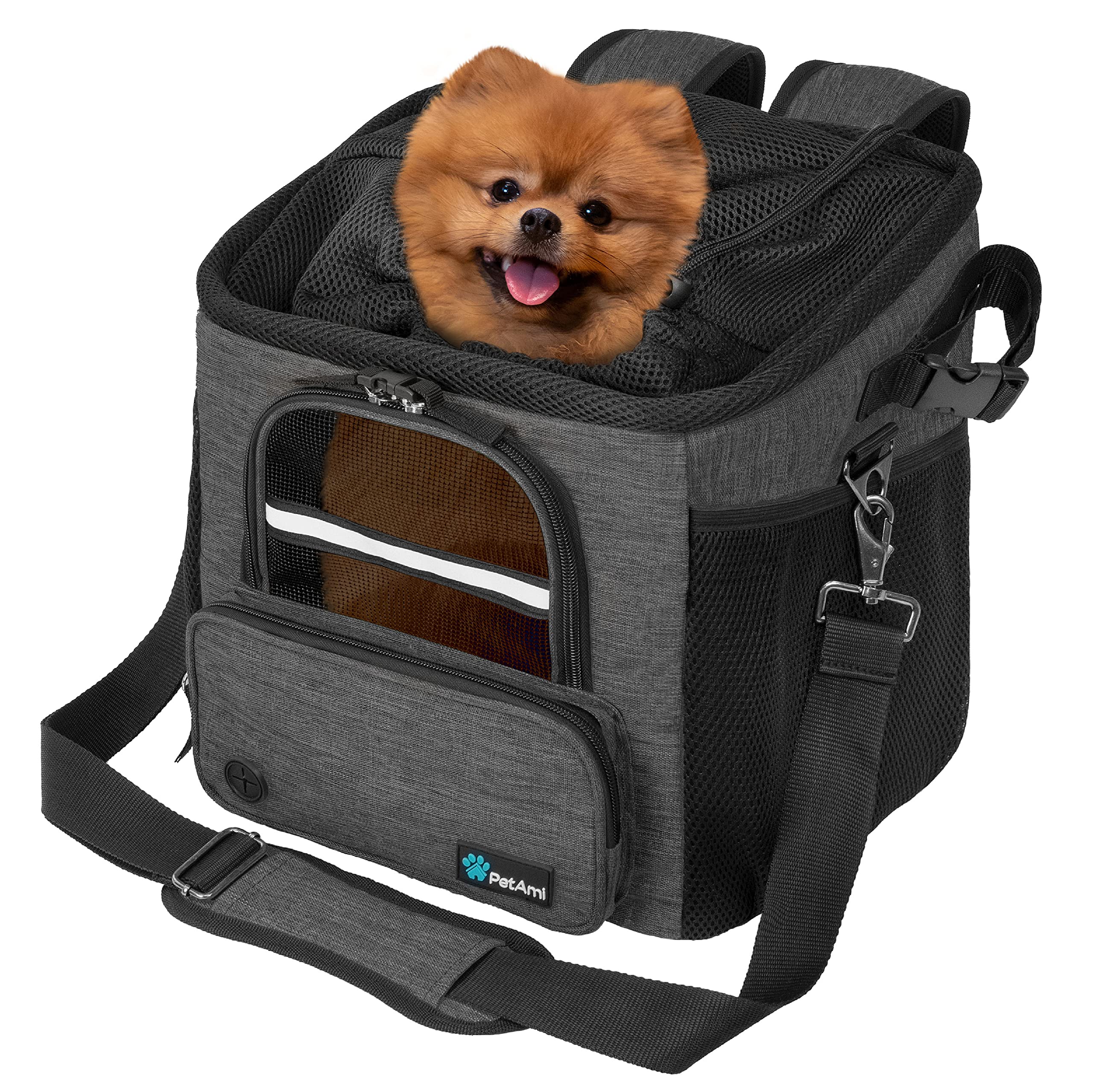 PetAmi Dog Bike Basket, Soft-Sided Ventilated Dog Bike Carrier Backpack, Pet Bicycle Basket for Bike Handlebar, Small Medium Puppy Cat Kitten Car Booster Seat with Safety Strap, Max 18 lbs, Purple