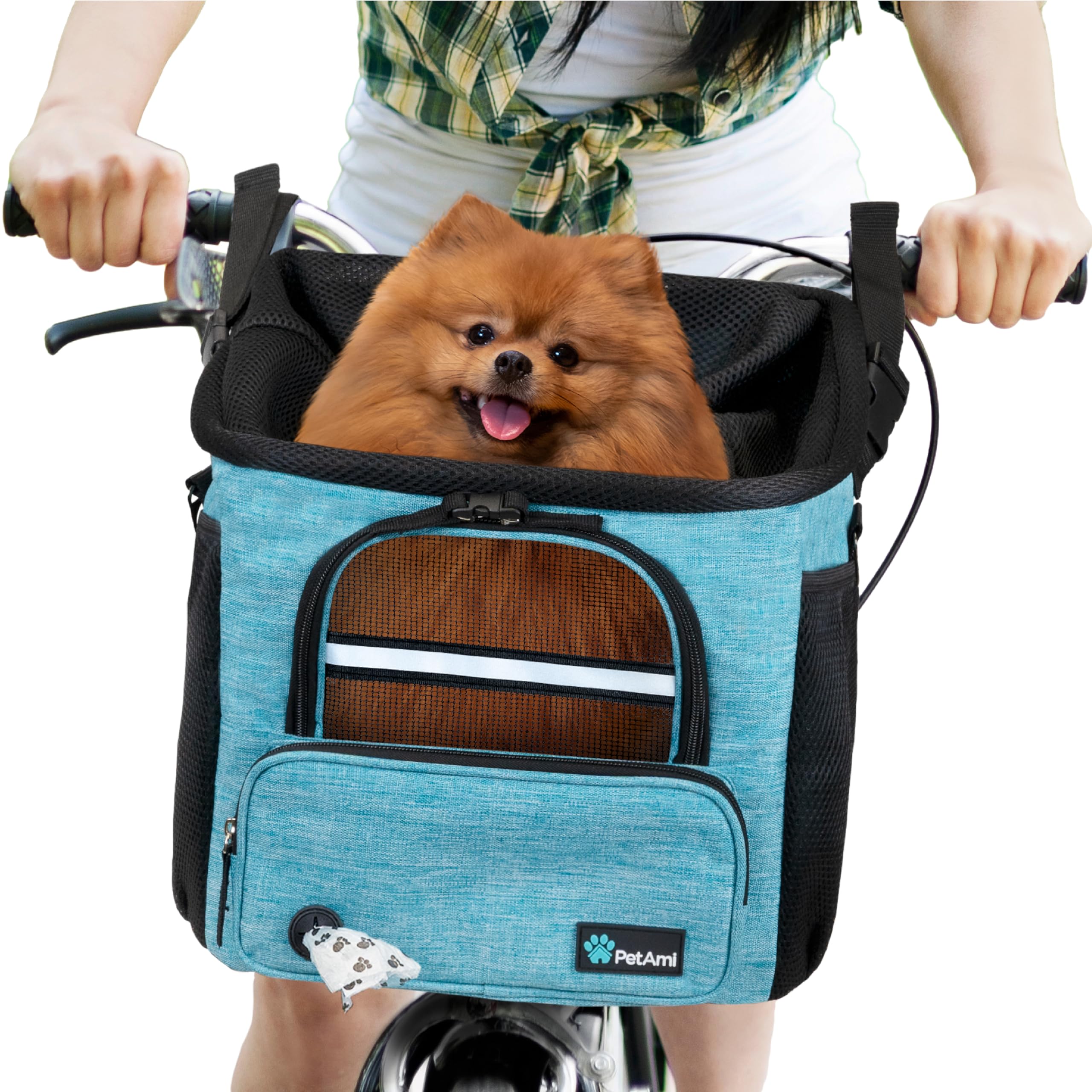 PetAmi Dog Bike Basket, Soft-Sided Ventilated Dog Bike Carrier Backpack, Pet Bicycle Basket for Bike Handlebar, Small Medium Puppy Cat Kitten Car Booster Seat with Safety Strap, Max 18 lbs, Purple