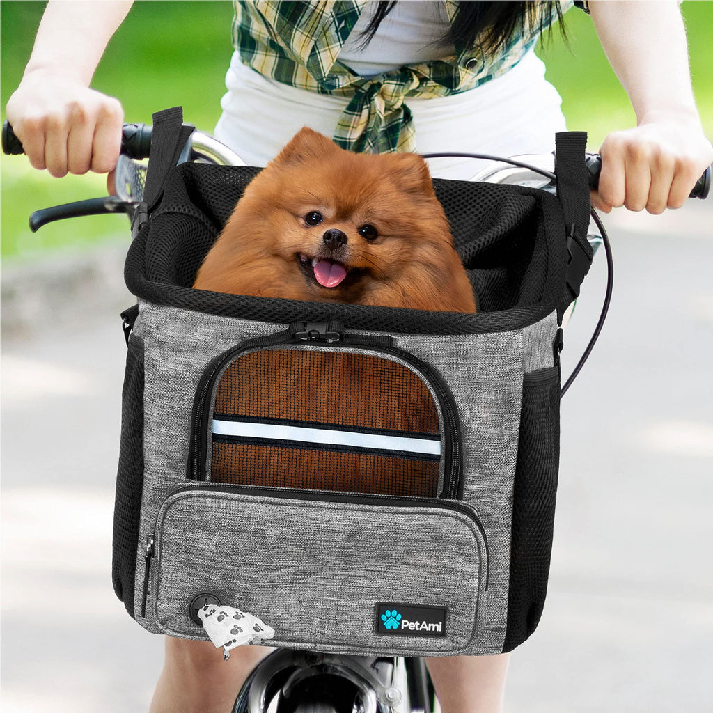 PetAmi Dog Bike Basket, Soft-Sided Ventilated Dog Bike Carrier Backpack, Pet Bicycle Basket for Bike Handlebar, Small Medium Puppy Cat Kitten Car Booster Seat with Safety Strap, Max 18 lbs, Purple