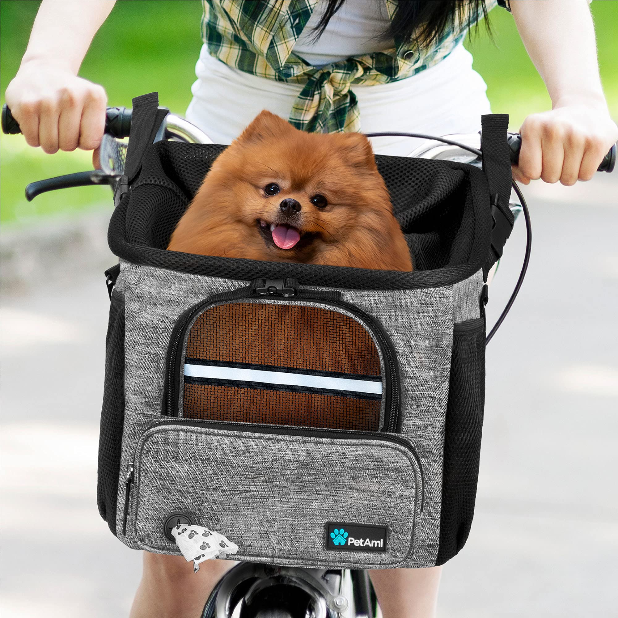 PetAmi Dog Bike Basket, Soft-Sided Ventilated Dog Bike Carrier Backpack, Pet Bicycle Basket for Bike Handlebar, Small Medium Puppy Cat Kitten Car Booster Seat with Safety Strap, Max 18 lbs, Purple