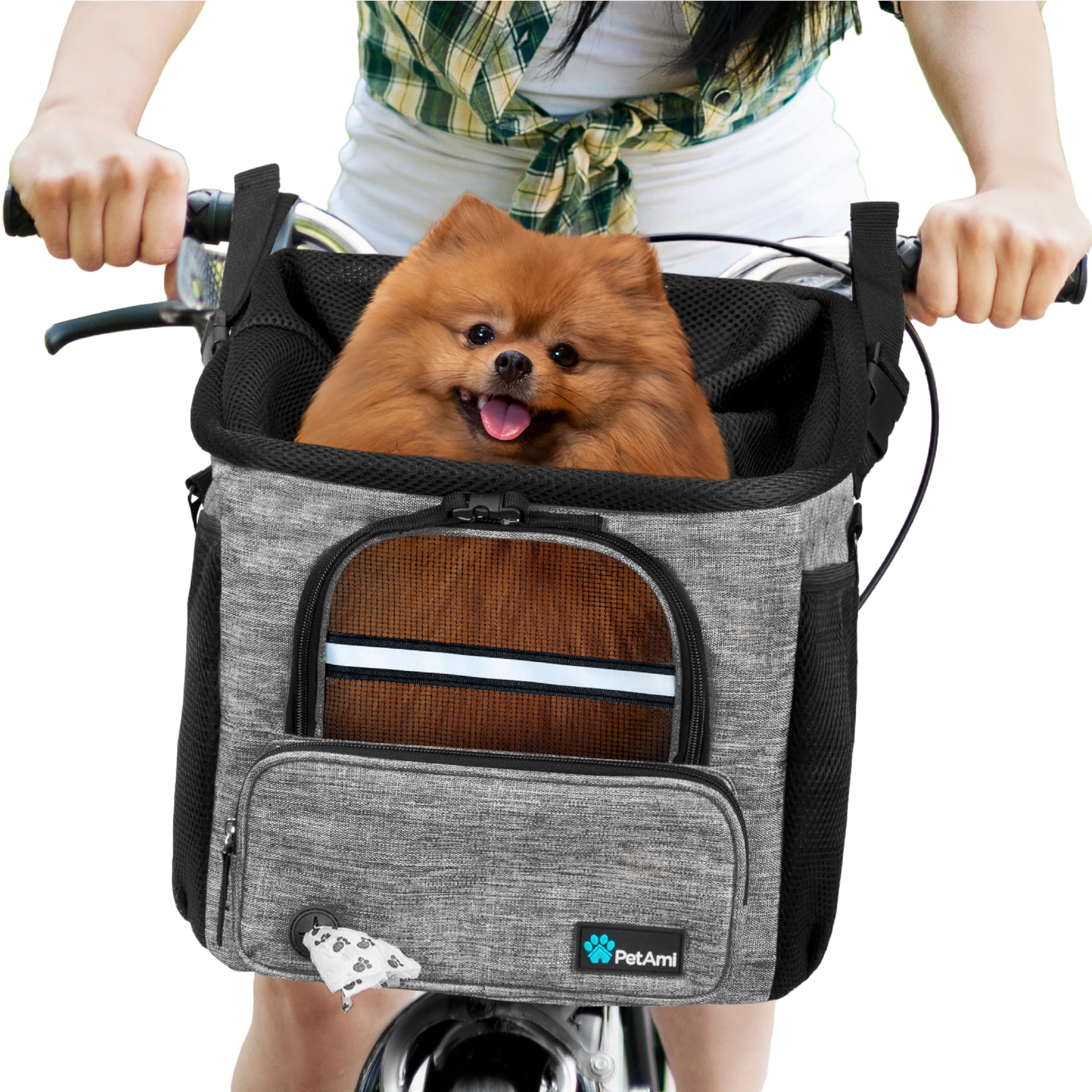 PetAmi Dog Bike Basket, Soft-Sided Ventilated Dog Bike Carrier Backpack, Pet Bicycle Basket for Bike Handlebar, Small Medium Puppy Cat Kitten Car Booster Seat with Safety Strap, Max 18 lbs, Purple