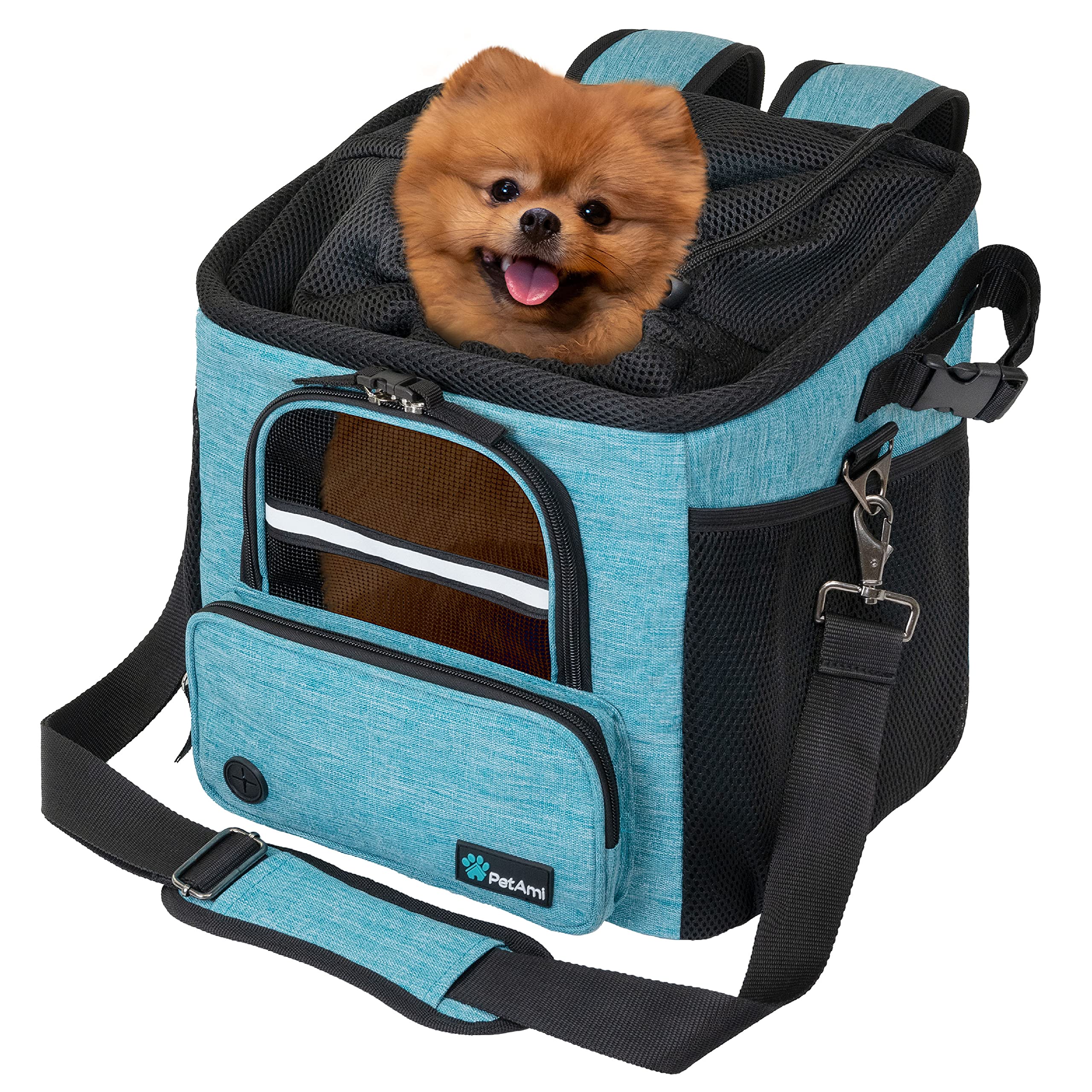 PetAmi Dog Bike Basket, Soft-Sided Ventilated Dog Bike Carrier Backpack, Pet Bicycle Basket for Bike Handlebar, Small Medium Puppy Cat Kitten Car Booster Seat with Safety Strap, Max 18 lbs, Purple