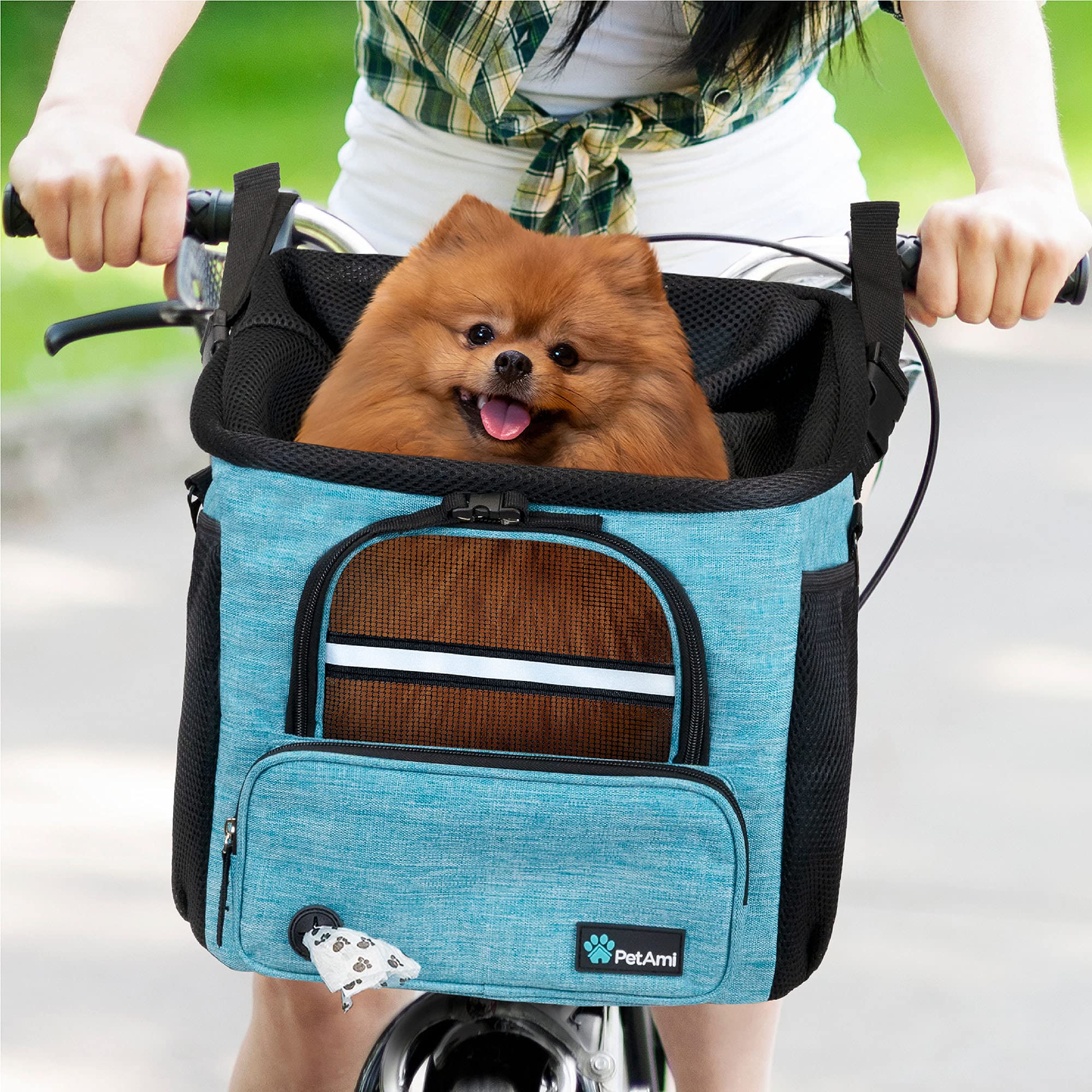 PetAmi Dog Bike Basket, Soft-Sided Ventilated Dog Bike Carrier Backpack, Pet Bicycle Basket for Bike Handlebar, Small Medium Puppy Cat Kitten Car Booster Seat with Safety Strap, Max 18 lbs, Purple